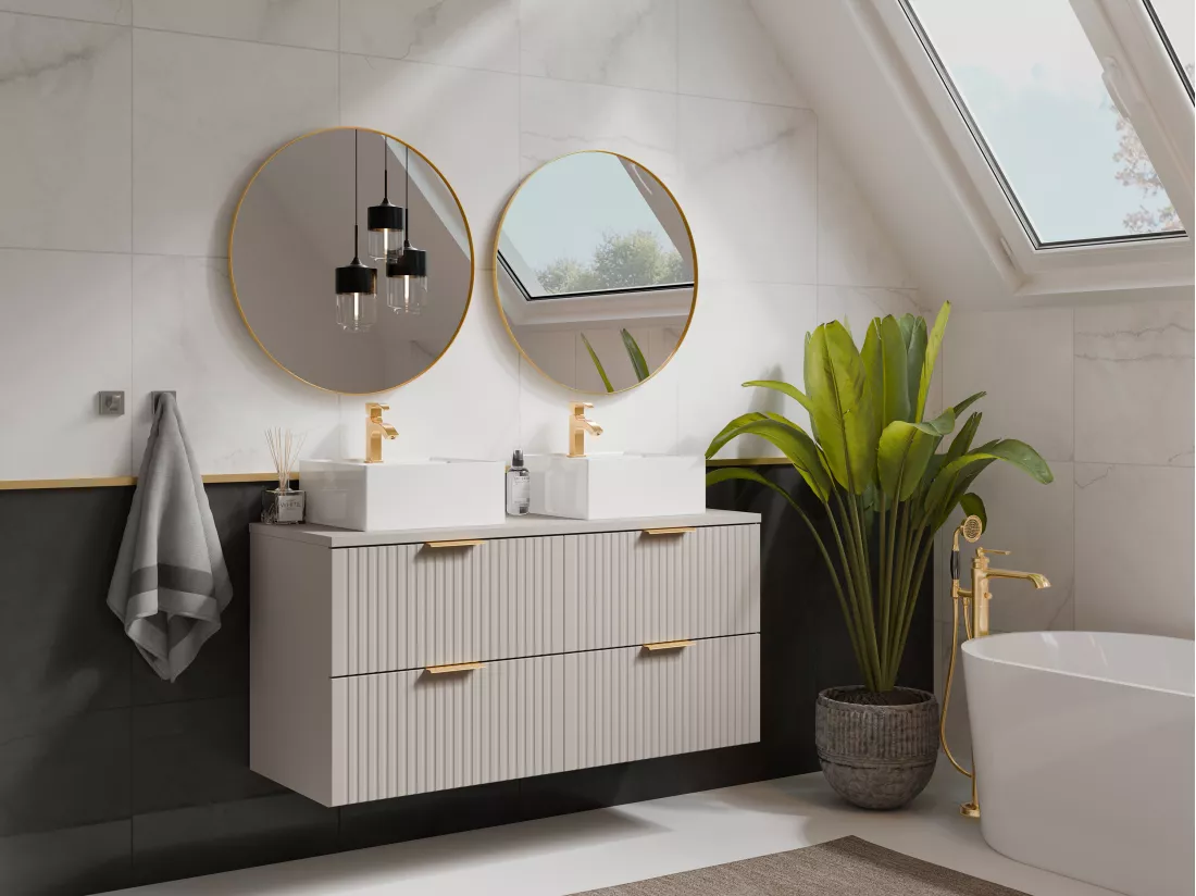Meuble de salle de bain suspendu strié avec double vasque à poser carrée - Beige - L120 cm - ZEVARA