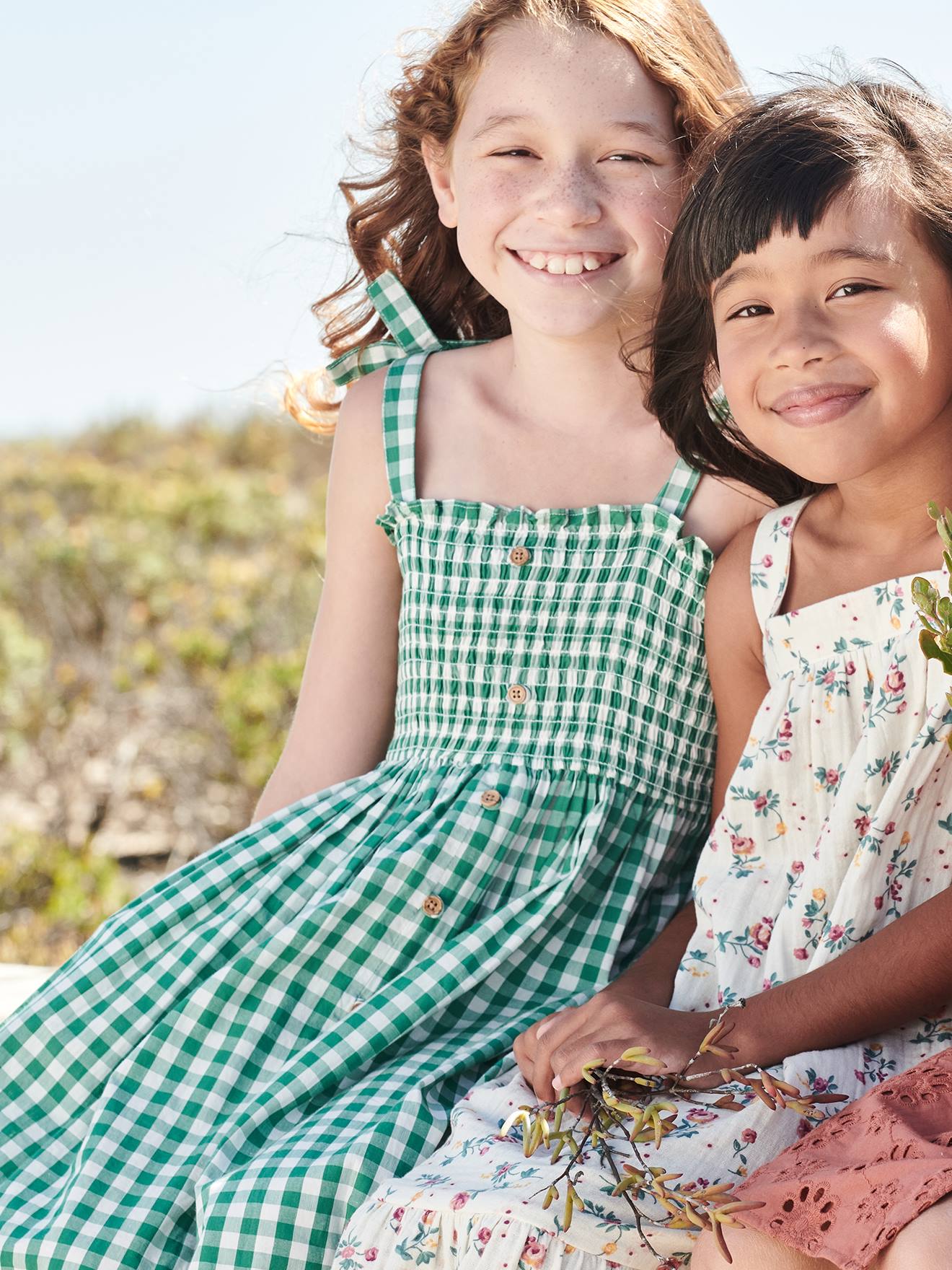 Vestido longo com detalhes franzidos, para menina, xadrez verde médio.