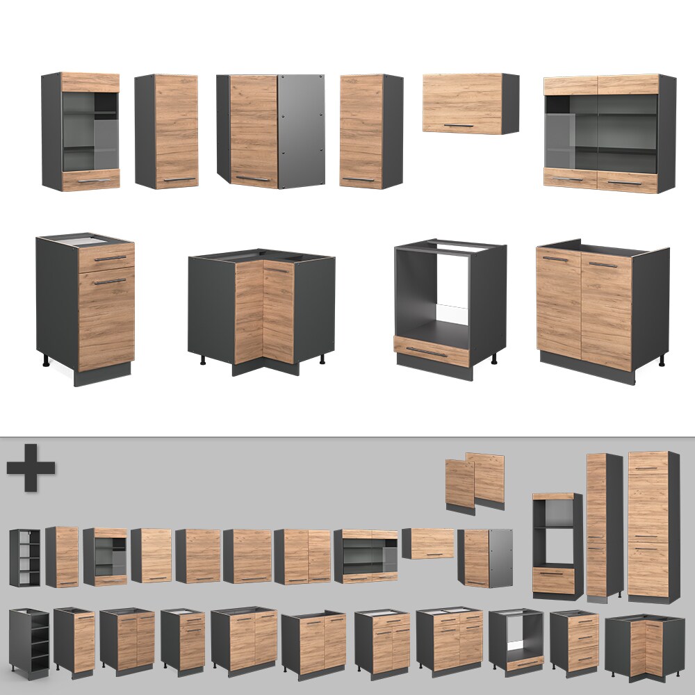 Vicco Eckküche Küchenzeile Einbauküche Fame-Line Anthrazit Eiche 190 cm modern Schubunterschrank Spülenunterschrank Eckunterschrank Herdumbauschrank Hängeglasschrank Hängeschrank