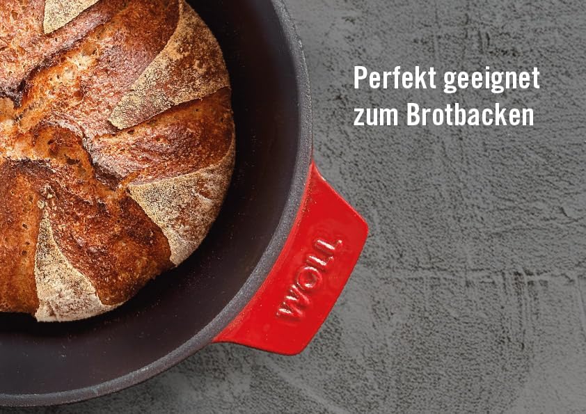 Woll Iron Gusseisen Bräter mit Deckel und Silikongriffen - Induktiv -, 34 x 26 cm, 12,5 cm hoch, 7,5l - Geeignet für alle Herdarten, Eisenguss, backofenfest bis zu 250°, rot