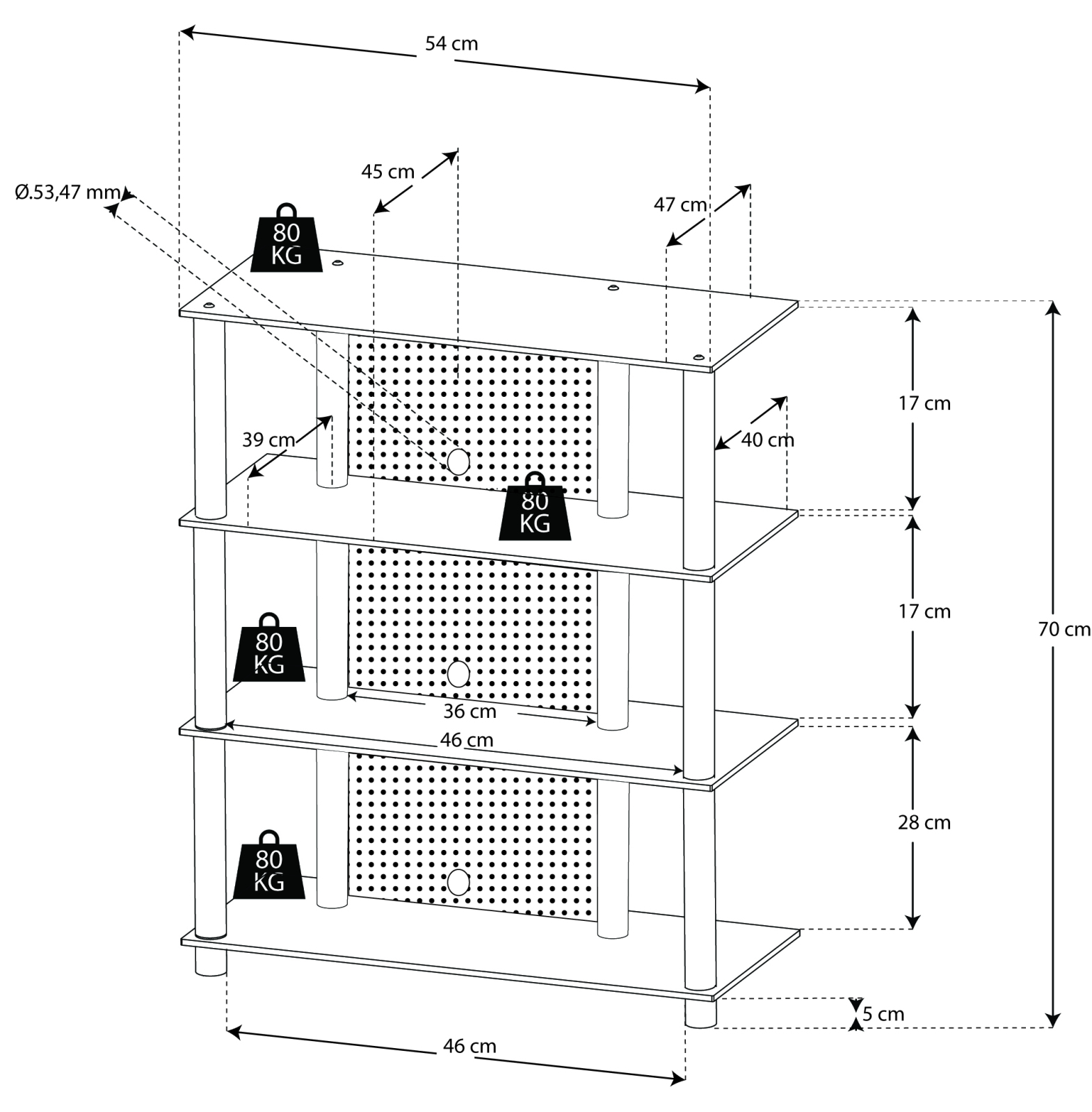 TV-Rack - silber-klar - 4 Glasböden - 59 cm breit