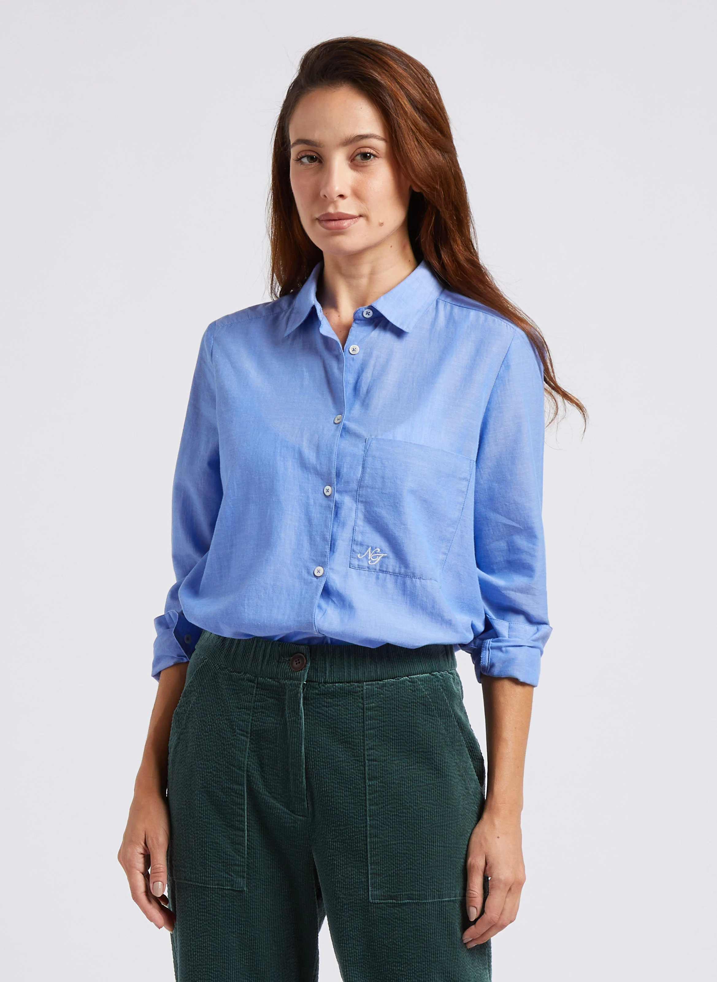 Chemise droite col classique en coton | Bleu