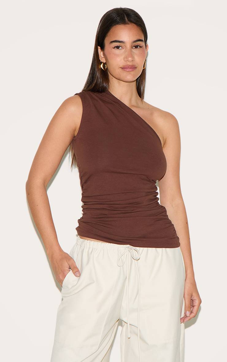 Chocolat Top Long Sans Manches Froncé Asymétrique
