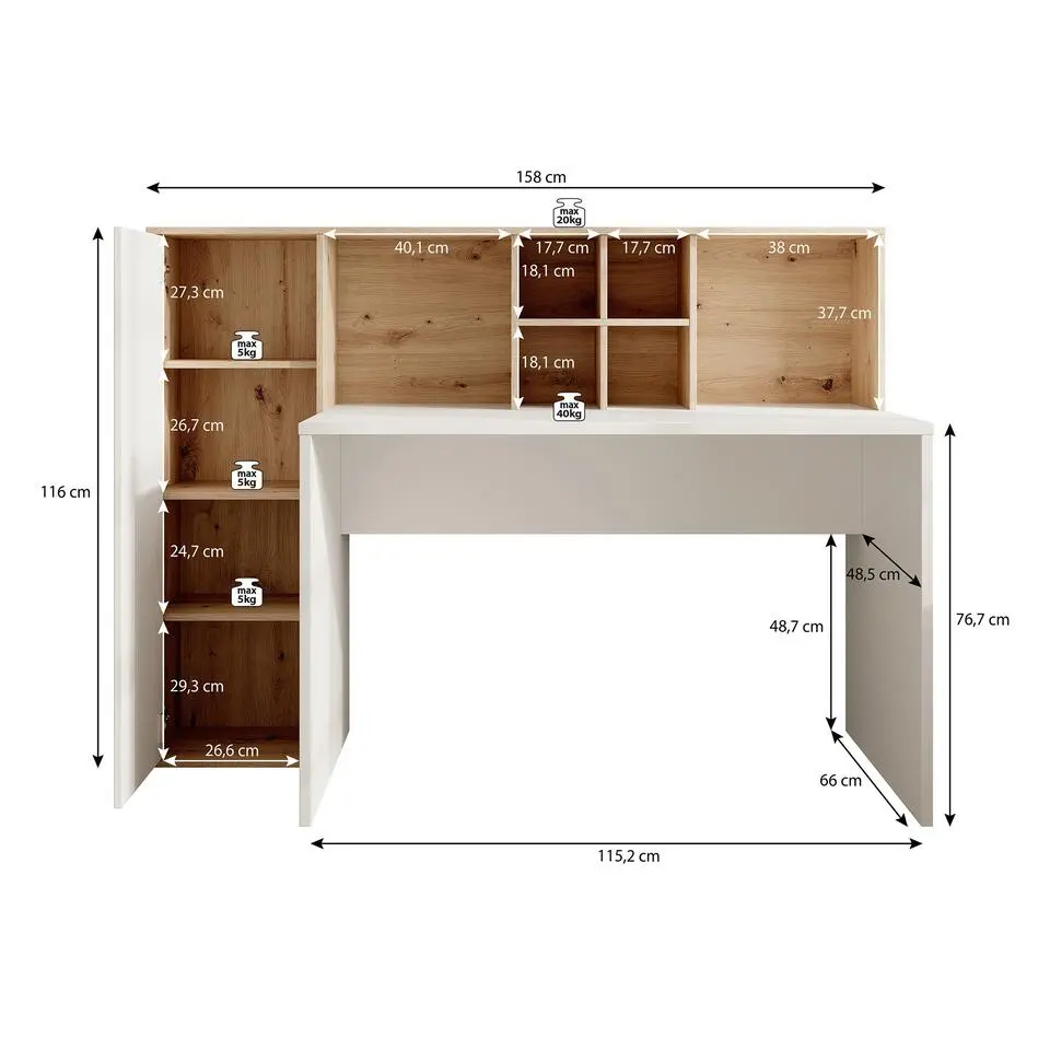 Meubella - Bureau Elze - Eiken - Wit - 158 cm