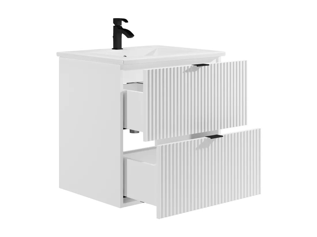Meuble de salle de bain suspendu strié avec vasque à encastrer - Blanc mat - 60 cm - ZEVINI