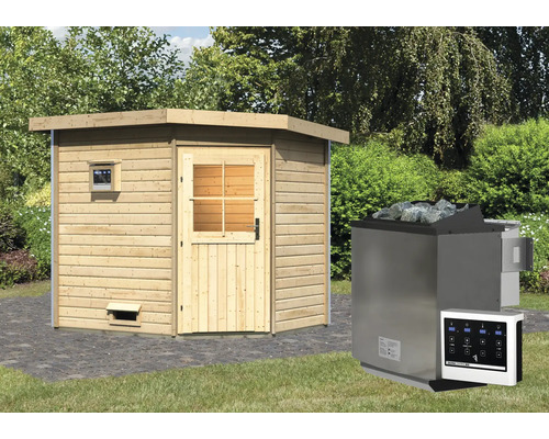 Saunacabine Karibu Rubin 2 inclusief 9 kW biokachel, externe bediening en geïsoleerde houten deur met dubbele beglazing.