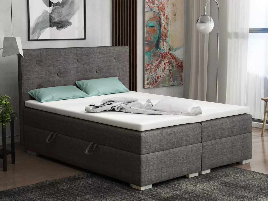 Lit Boxspring avec tiroirs de lit, Coffre de lit Topper Atlanta 140x200 cm, Lux 06 (Gris)