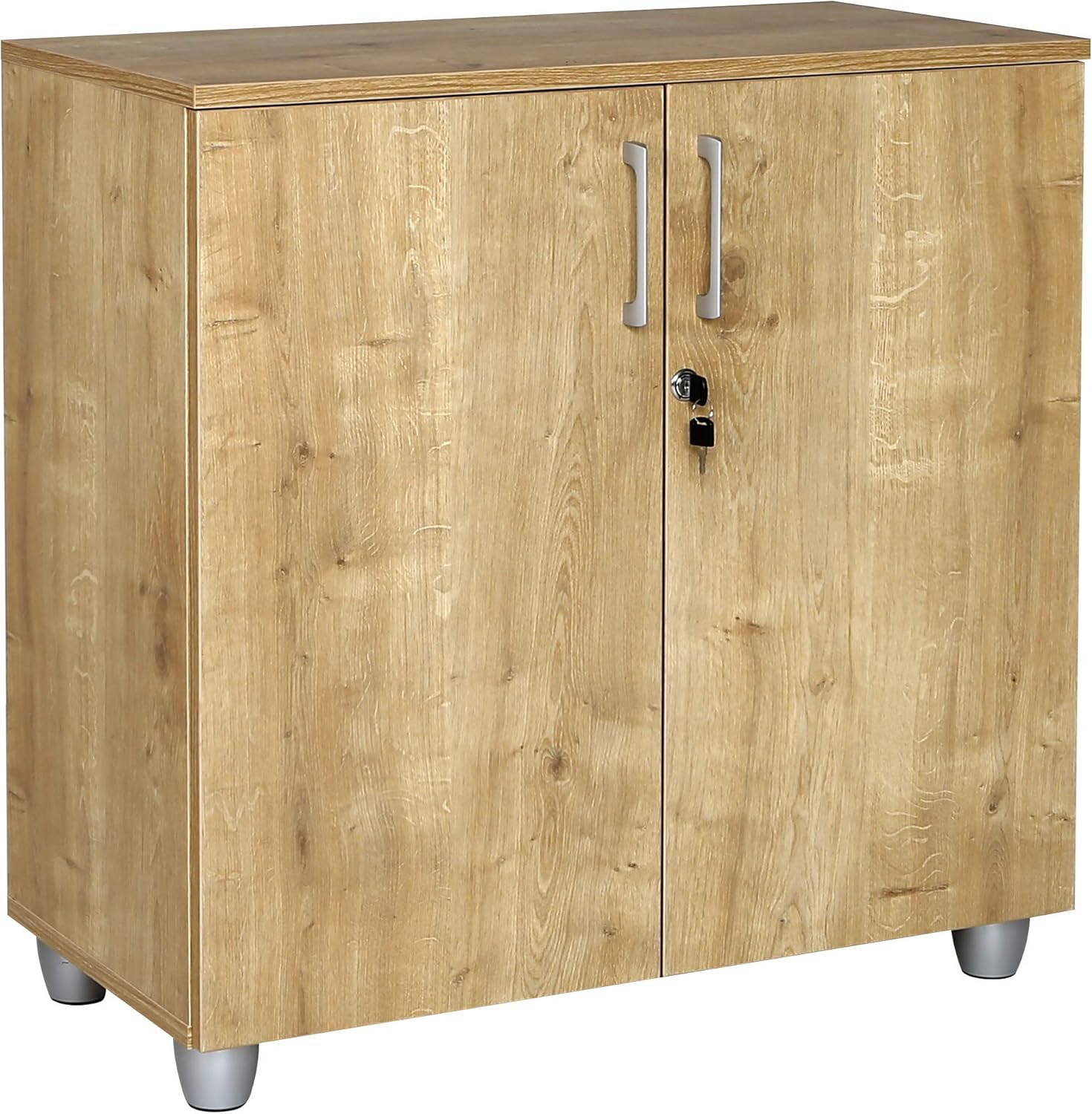 furni24 Aktenschrank mit Schloss und Fächern – Abschließbarer Holzschrank, mit 1 verstellbaren Regalbrettern, Flügeltüren und Metallscharnieren – Saphir-Eiche, 80x80x40 cm