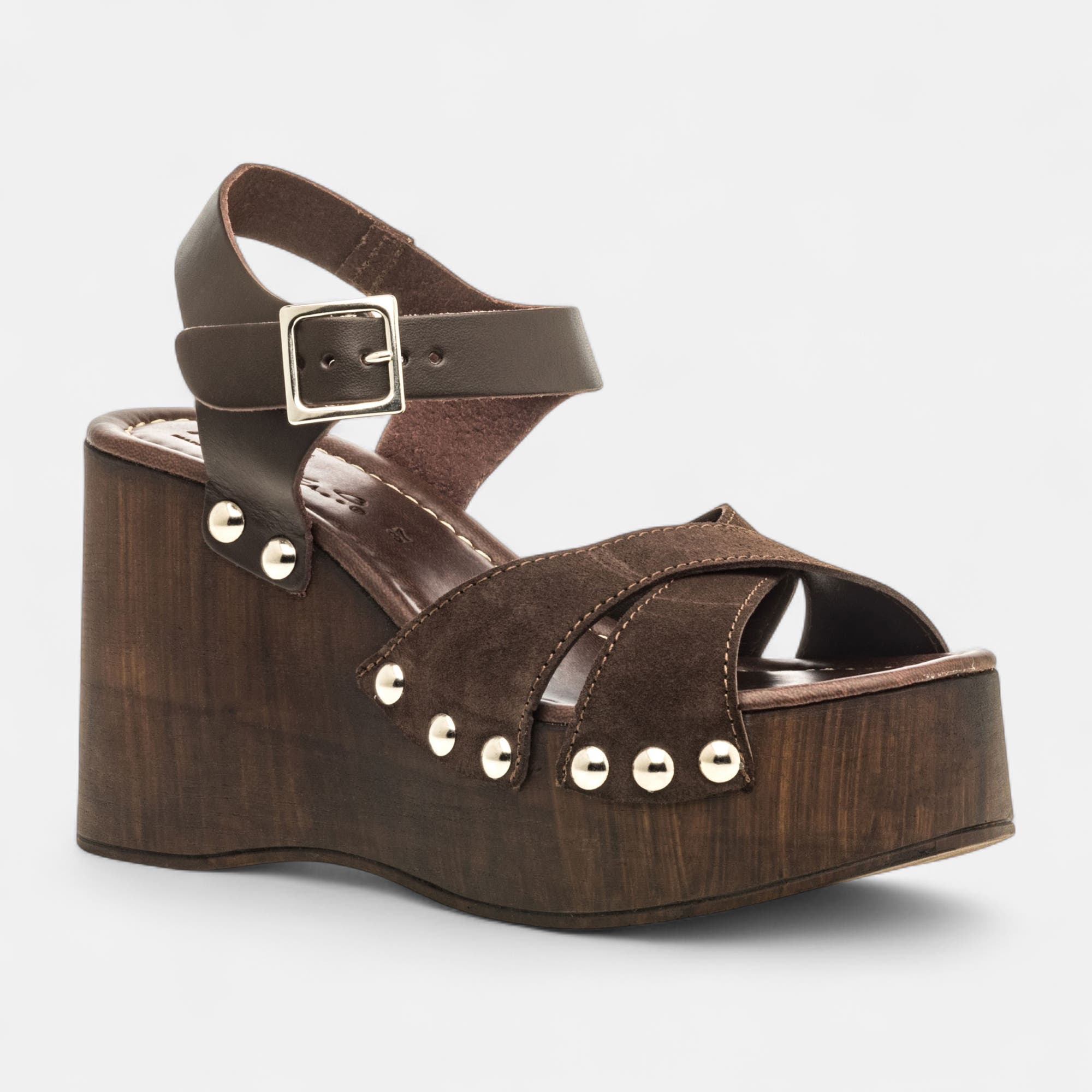 Chaussures semelle bois à talon compensé Femme en cuir marron