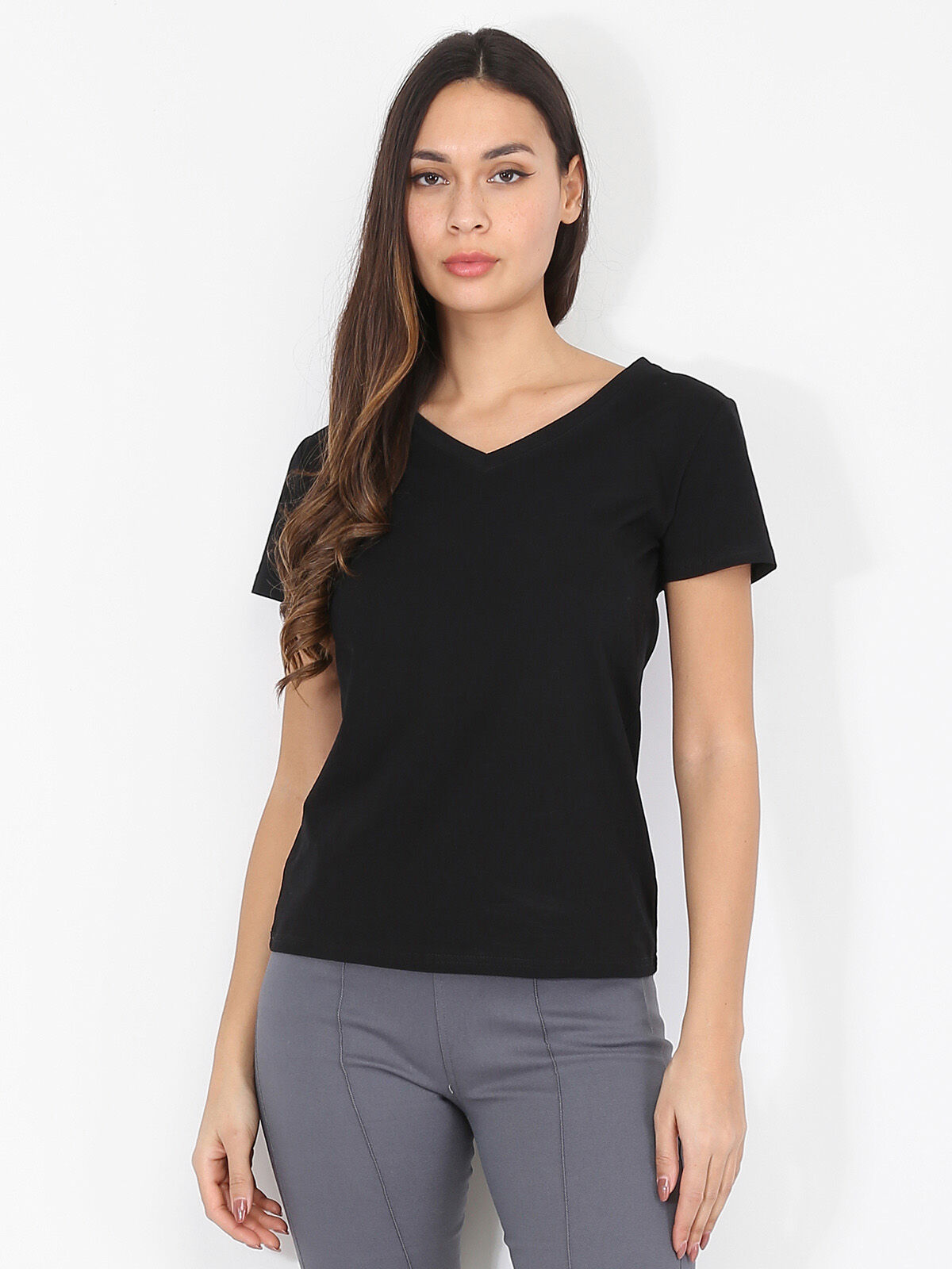 T-shirt basique à col V- Noir