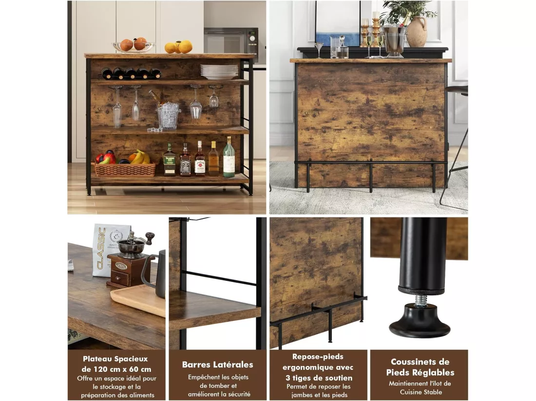 Ilot Central Industriel, Table de Bar à 4 Niveaux avec 3 Étagères Ouvertes, Casier à Vin et Supports pour Verres à Pied, Repose-Pieds （Marron Rustique)