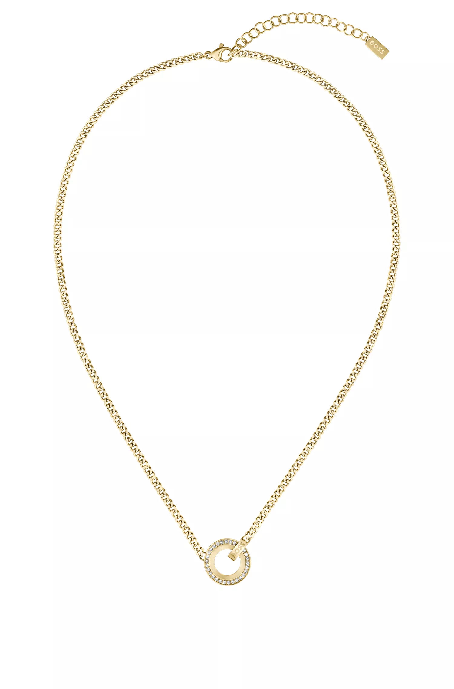 Colar BOSS em tons de preto e dourado com pingente cravejado de cristais.