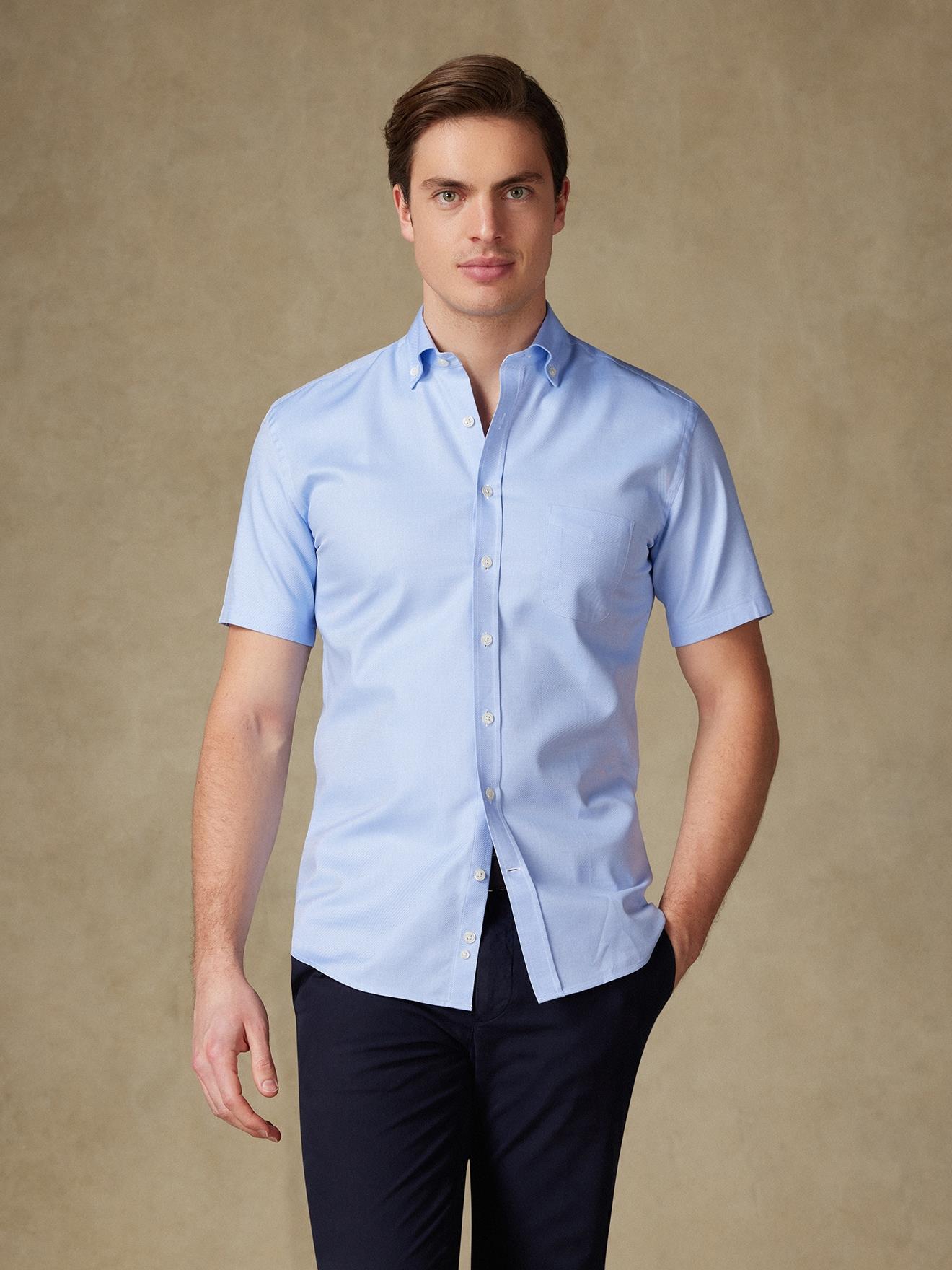 Chemise manches courtes en twill ciel - Col Boutonné