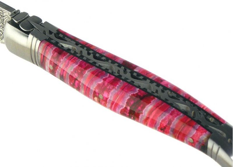 VENDU - Couteau Laguiole avec un manche en Molaire de Mammouth teintée rose
