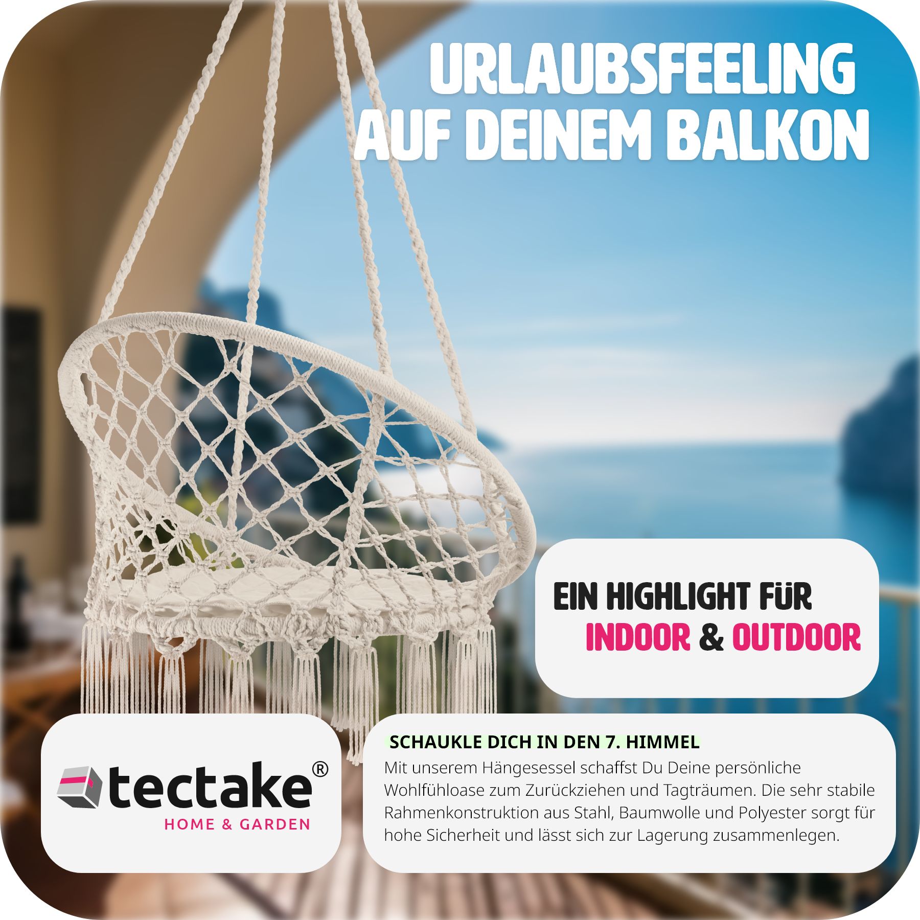 tectake® Hängesessel, mit Sitzpolster, Belastbarkeit 150 kg, 80 x 72 x 125 cm