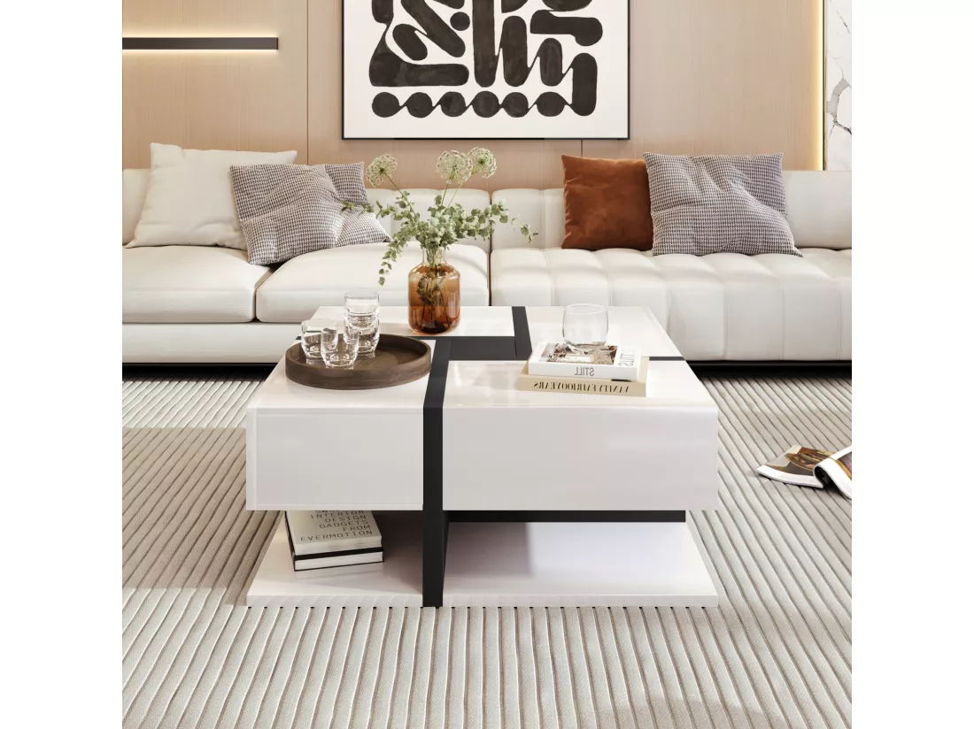 Table basse carrée haute brillance, avec 4 tiroirs, design uniques, espace de rangement en bas, 78x78x36cm blanc