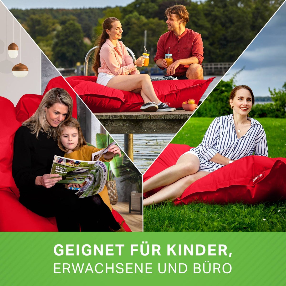Green Bean Zitzak 120x160cm 270 liter Kinderen & Volwassenen Zitzak EPS Kralenvulling Reuze Zitzak Groot Ligbedkussen Wasbaar Weerbestendig Ligstoel Zitkussen Vloerkussen Rood
