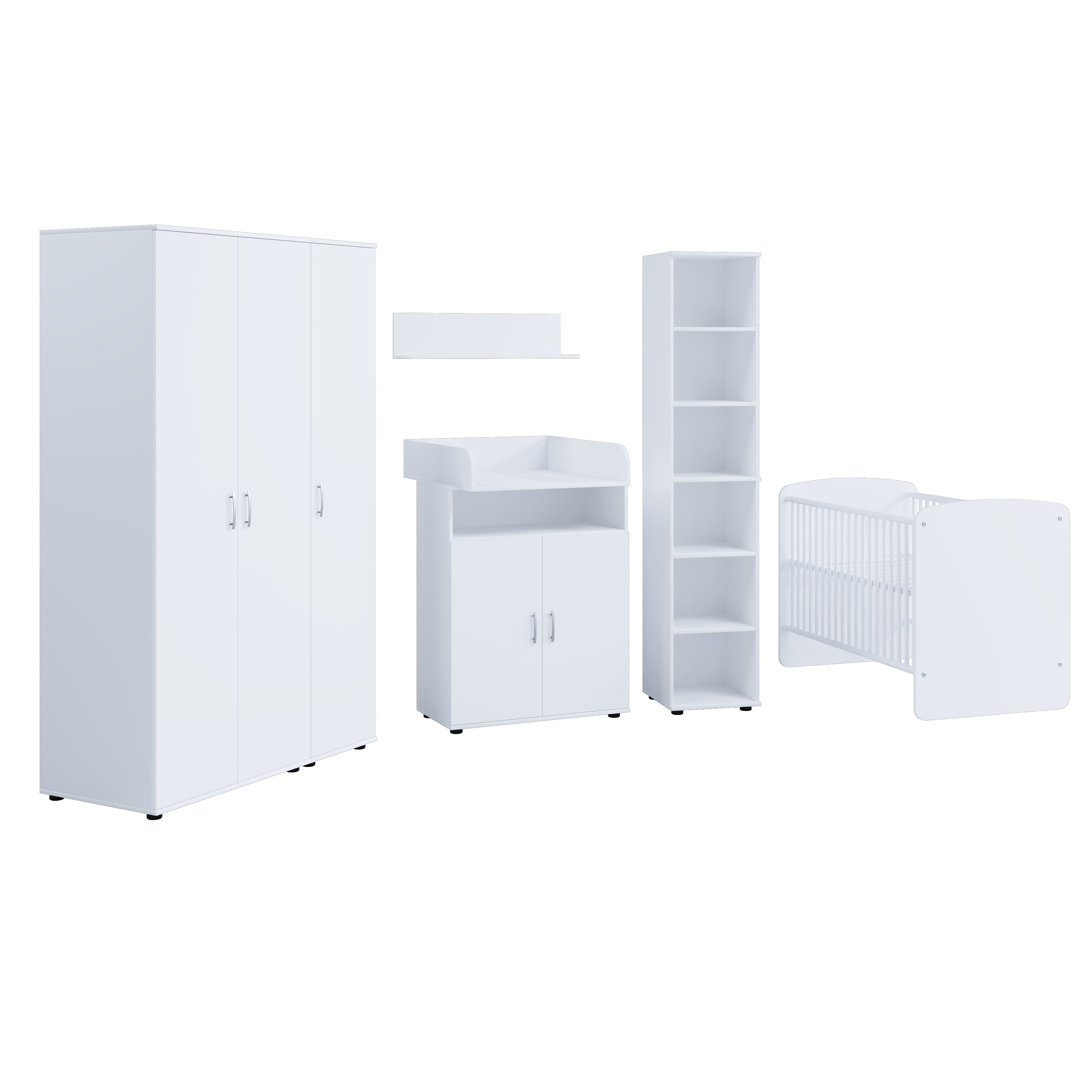 nonjoo. Babyzimmer Lunis Set 9: best. aus Babybett, Kommode, Wickelaufsatz, Wandboard, Regal mit 6 Fächern und Kleiderschrank 3-trg.