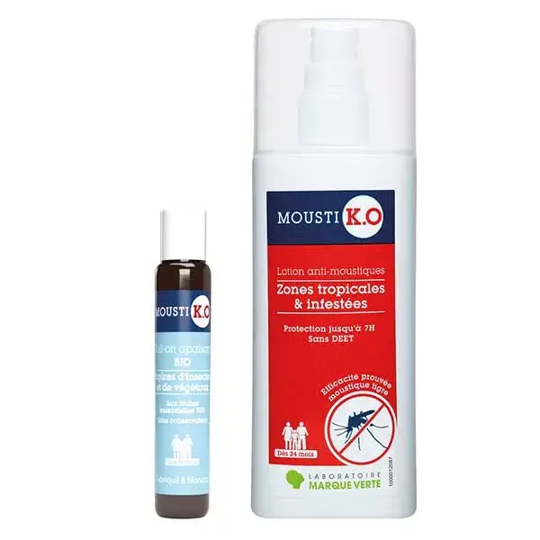 Loção repelente de mosquitos Mousti KO Duo para áreas tropicais + roll-on orgânico calmante