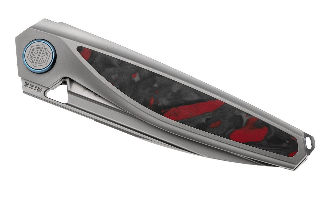 Rike Knife Baidi 13205-3 Bead Blasted Bohler M390, Titanium, Red Carbon Fiber Inlay, zakmes