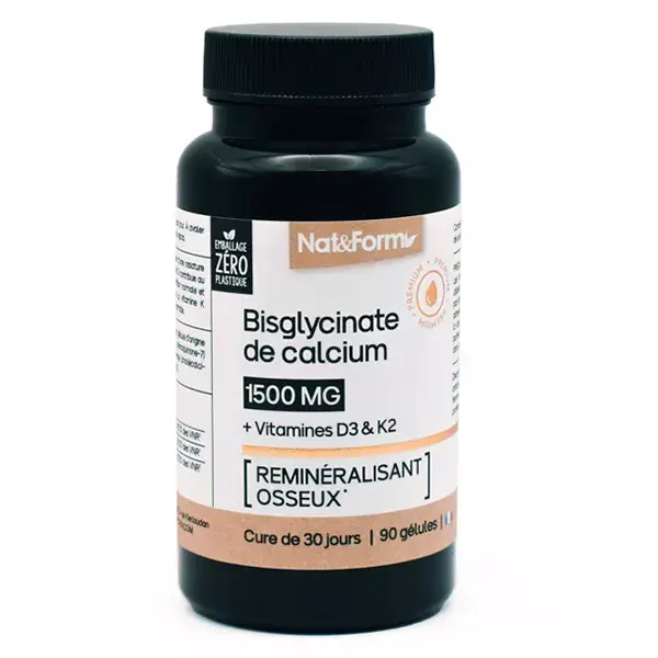 Nat & Form Nature Bislicinato de Cálcio + Vitaminas D3 e K2 Remineralizante Ósseo 90 Cápsulas