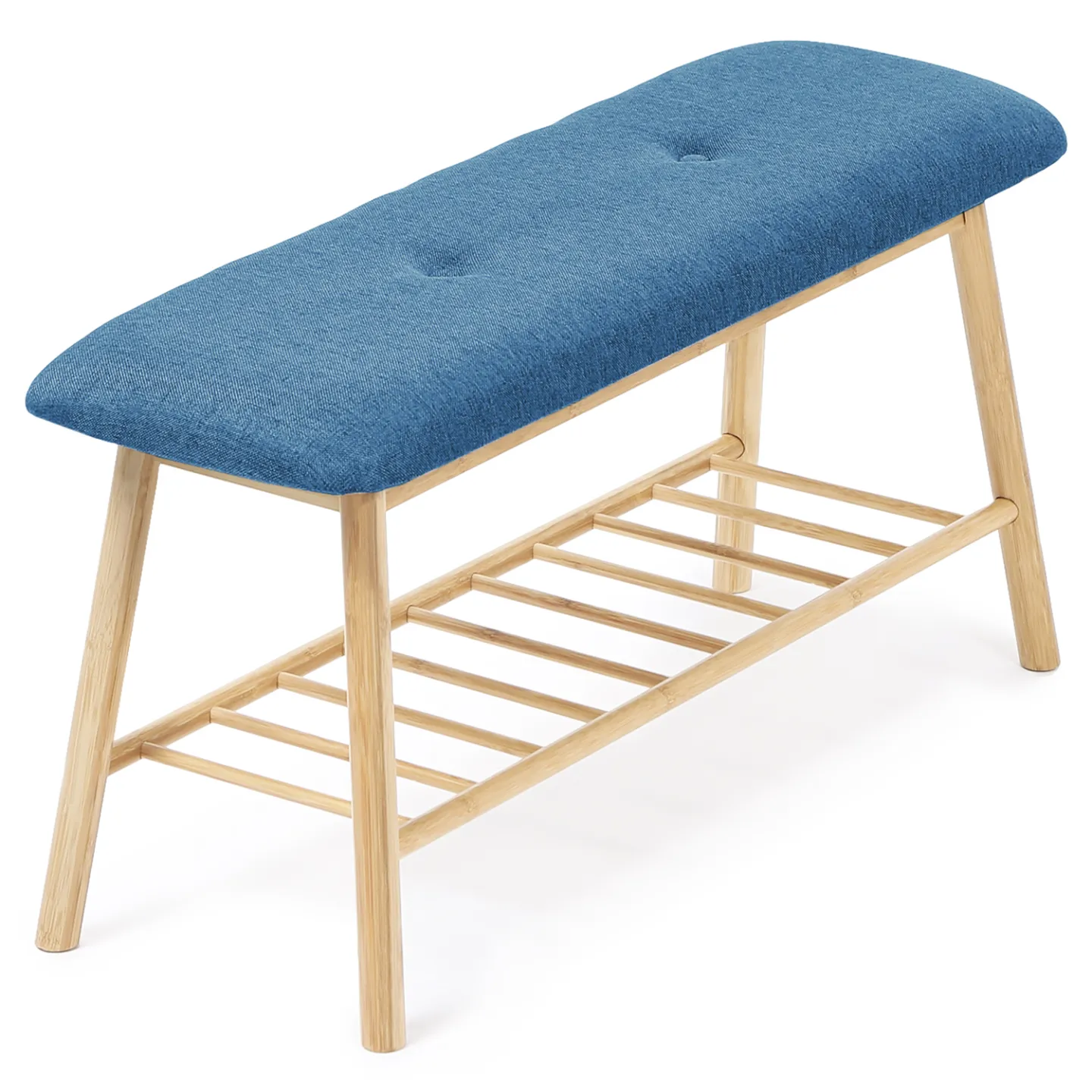 Banc d'entrée capitonné bambou RITA tissu bleu