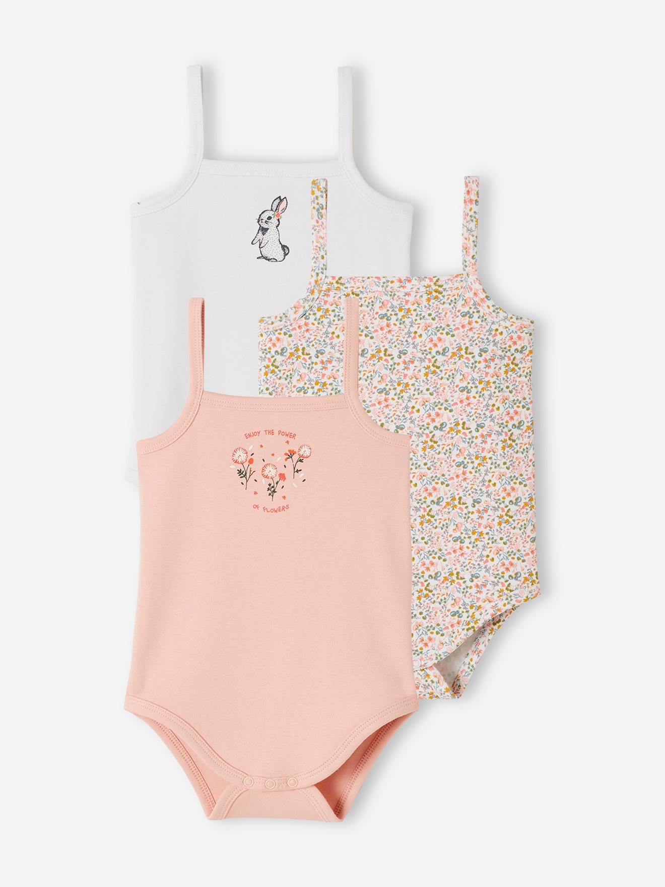 Conjunto com 3 bodies de coelhinho com alças finas, para recém-nascidos, rosa claro, bicolor/multicolorido