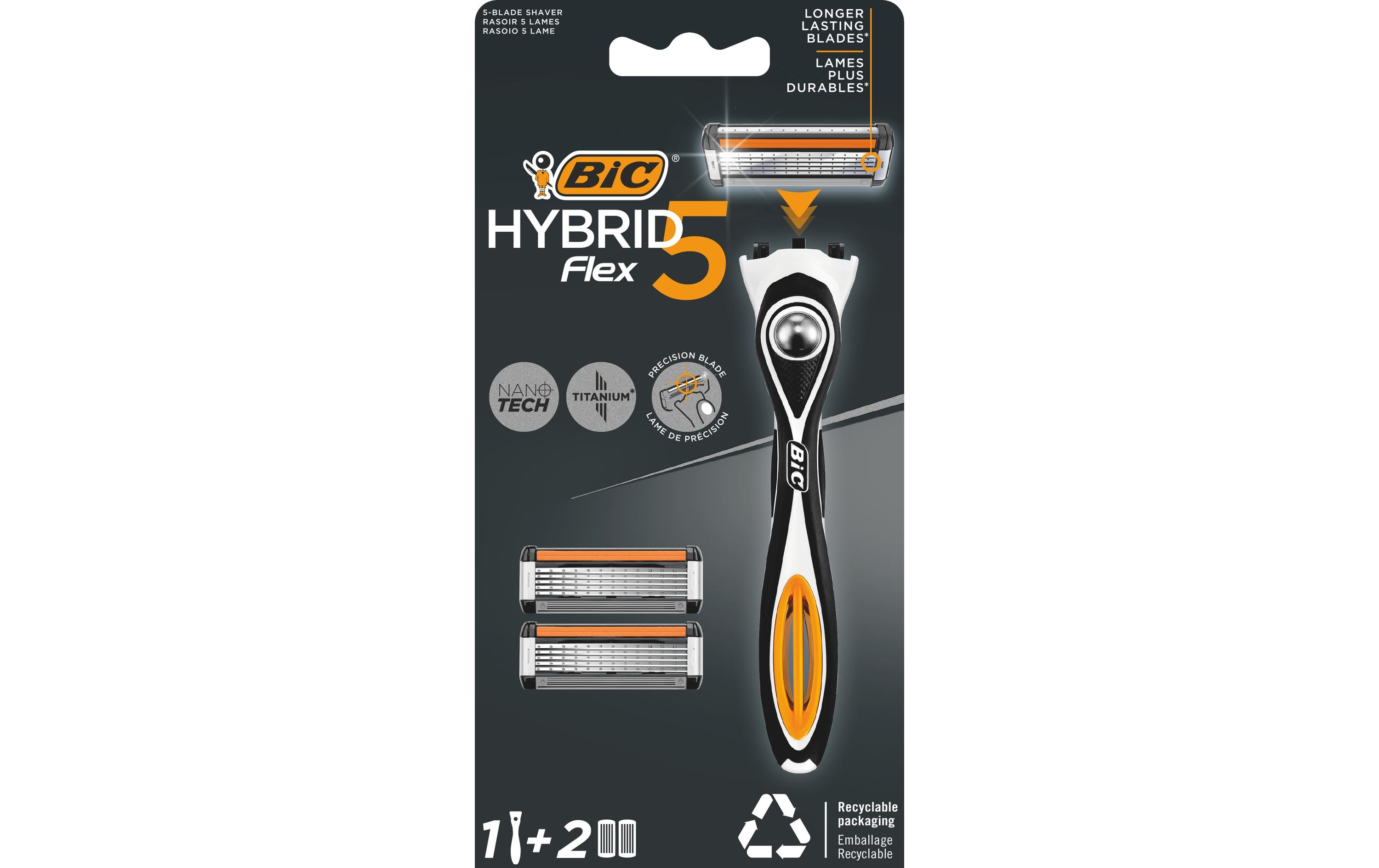 Herrenrasierer Hybrid 5 Flex 1 Rasierer, 2 KlingenHerrenrasierer-Set mit Griff und Nano-Tech-Titan-5-Klingen-Nachfüllpackungen