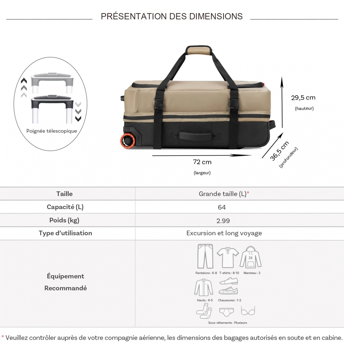 Jeep Sac de voyage avec roulettes 64L JS005A Jeep polyester taille L 72cm