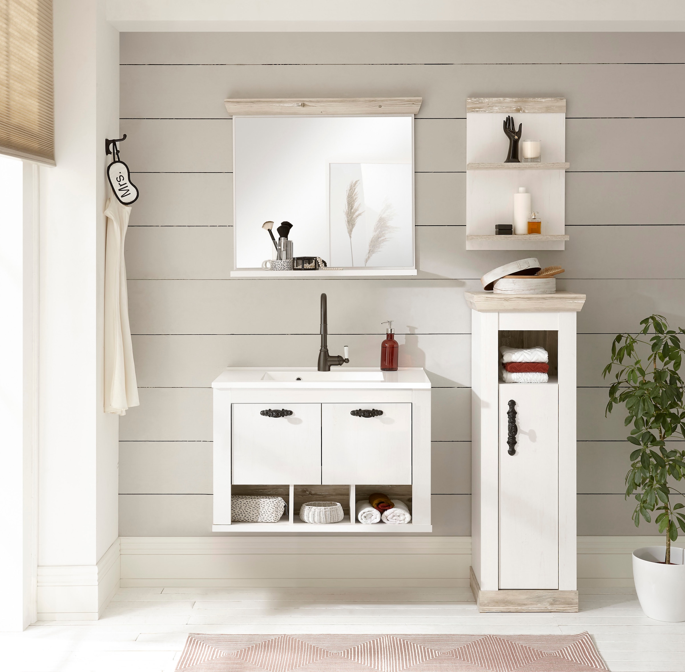 Home affaire Waschtisch »Florenz, Waschbeckenunterschrank inkl. Waschbecken, Metallgriffe« in Pinie Weiss, hängend, Breite 82 cm, inkl. Mineralgussbecken