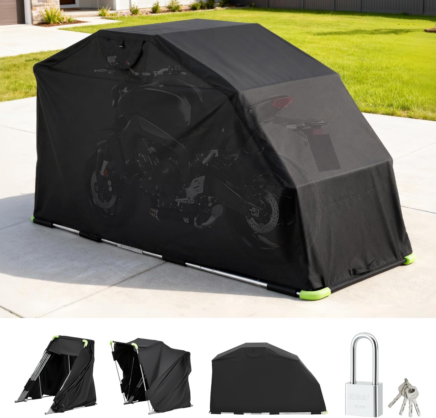 VEVOR Motorrad Zeltgarage, Motorrad Abdeckplane 2790x1095x1600 mm, Motorradgarage mit Sicherheitsschloss, 600D Oxford-Klappzelt, Allwetter-Motorradabdeckung mit Belüftungsfenstern, Schwarz