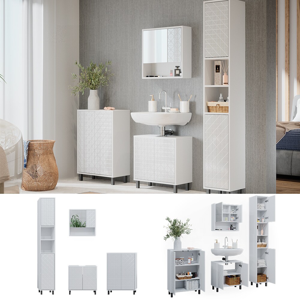 Vicco Badmöbel-Set Agasta weiß, Badezimmerschränke 3D Optik
