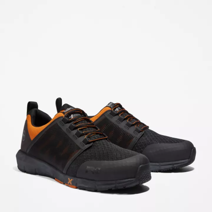 Sapato de trabalho Radius com biqueira de liga metálica para homens, nas cores preto e laranja.