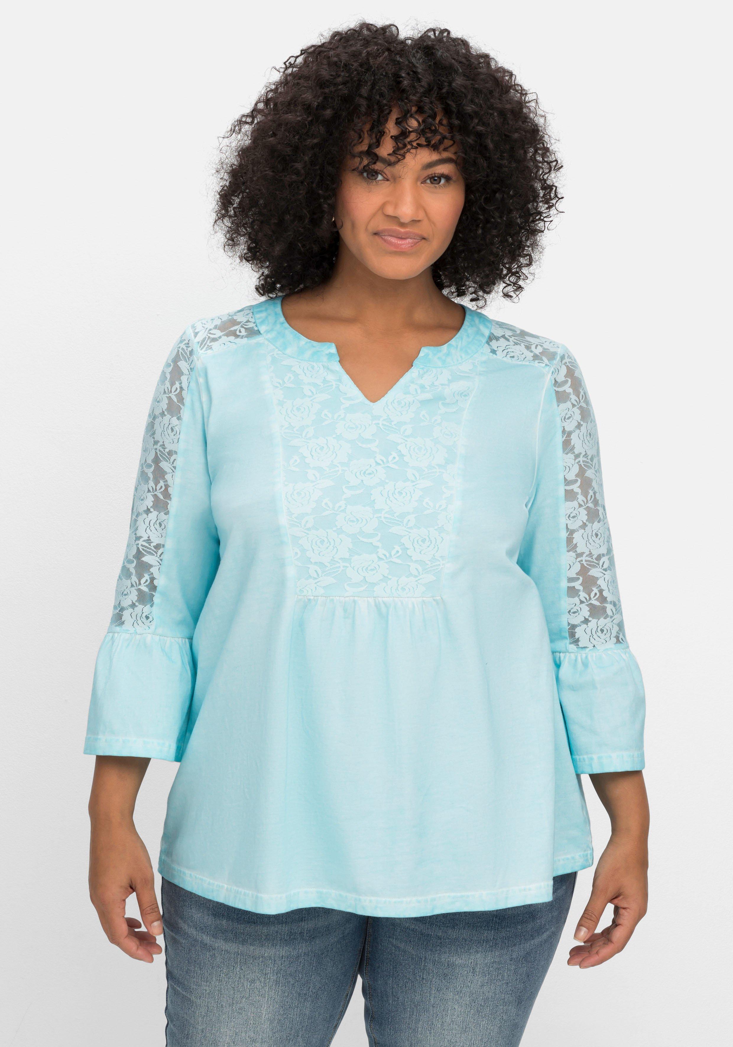 Shirt in Oil-dyed-Waschung, mit floraler Spitze