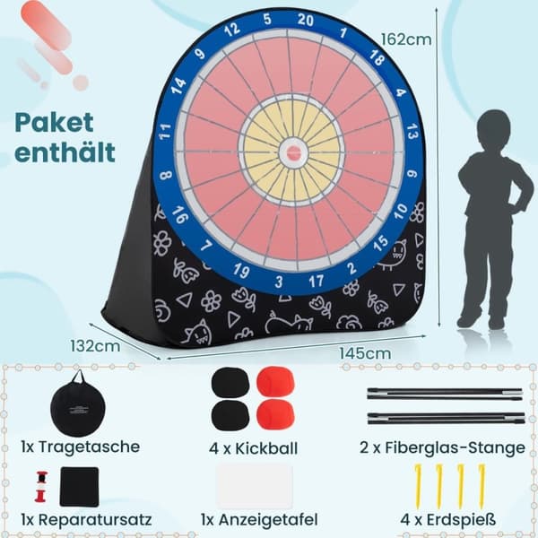 Stor dartskive for barn dartkastespillsett med 4 sparkeballer fotballdart for hage svart