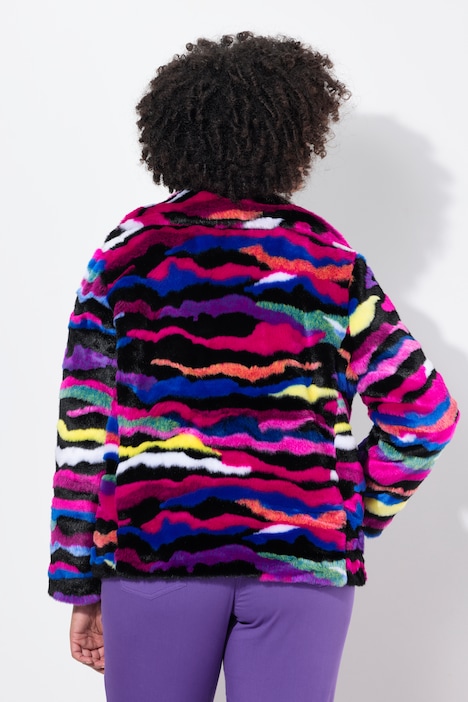 Plüschjacke, Straight Fit, offene Form, farbiges Muster