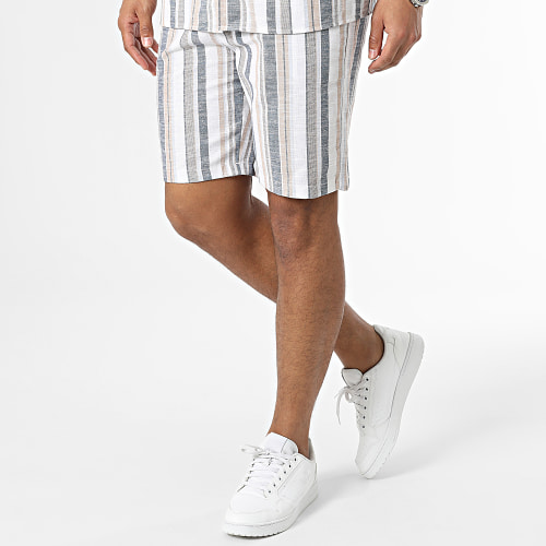 Ensemble Chemise Manches Courtes Et Short Chino Rayures Blanc Beige Bleu
