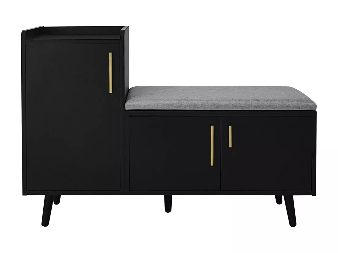 Banc à chaussures moderne avec 3 portes et coussin - pièds et poignées en métal - coloris noir - 100 x 34 x 69 cm