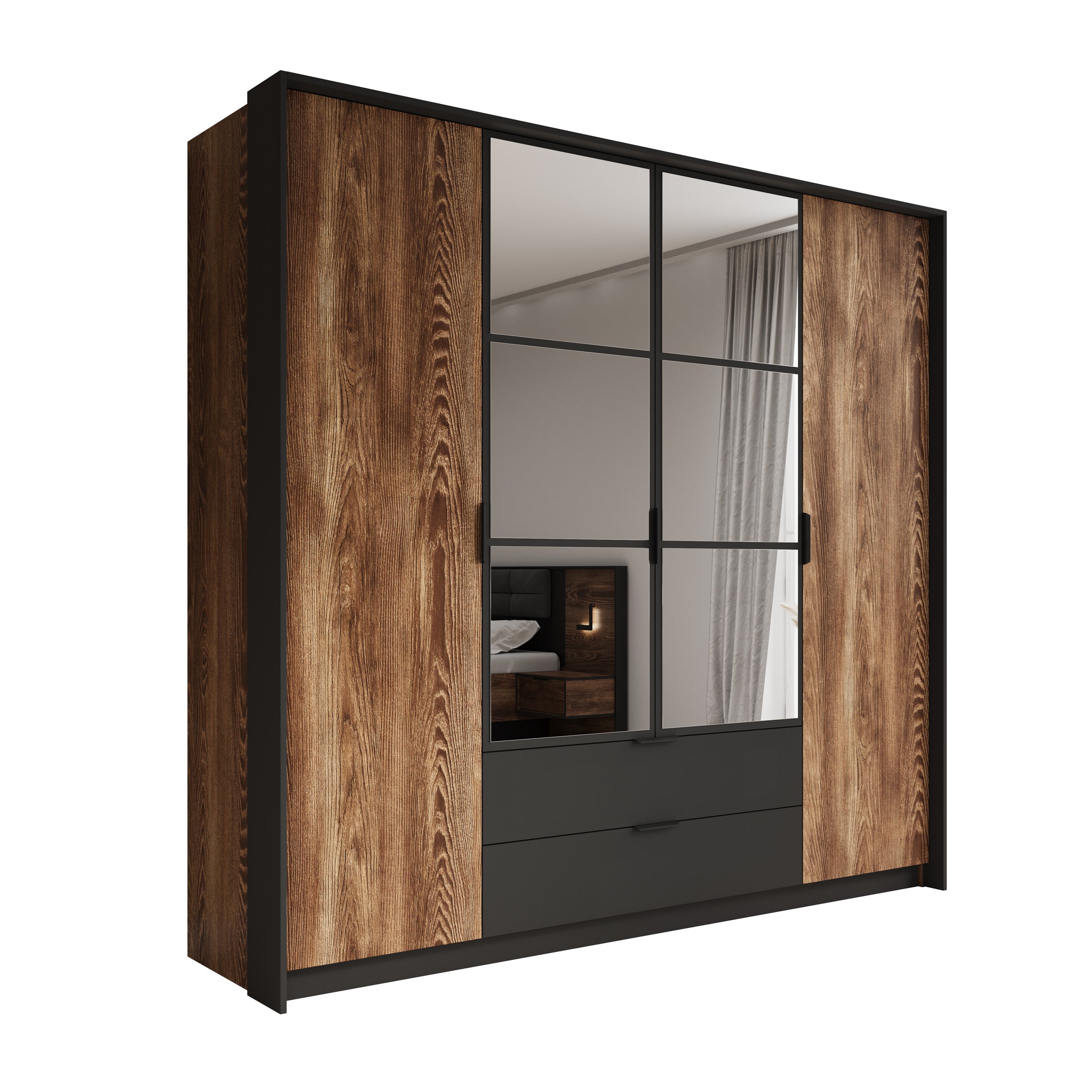 Meubella - Kledingkast Mulvey - Eiken - Antraciet - 220 cm- Spiegel