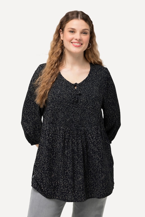 Smokbluse, Punkte, A-Linie, Rundhals, 3/4-Arm