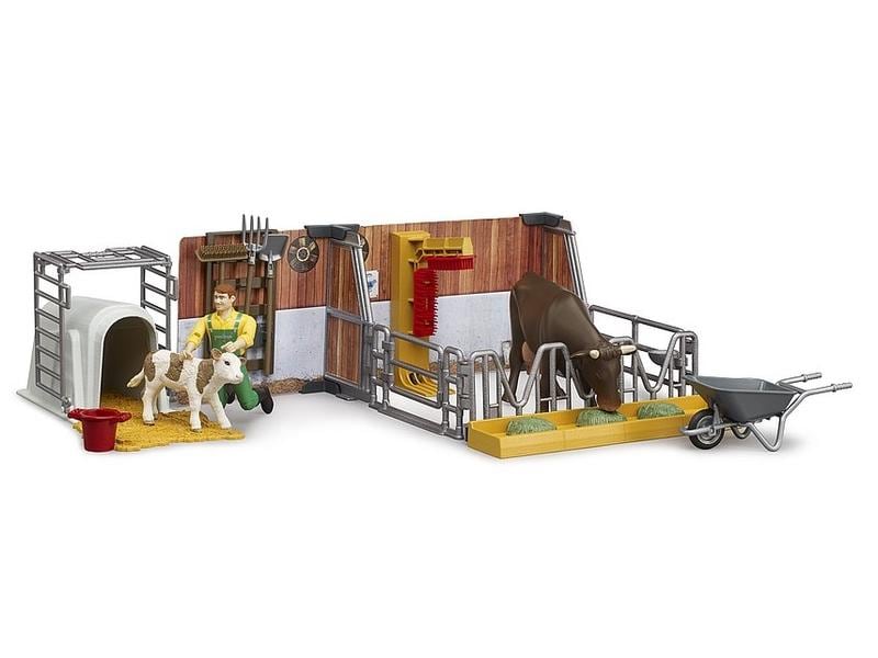 Bruder Spielwaren Kuh- und Kälberstall mit Landwirt Bauernhof-Spielset mit beweglichen Figuren, Tieren und Zubehör