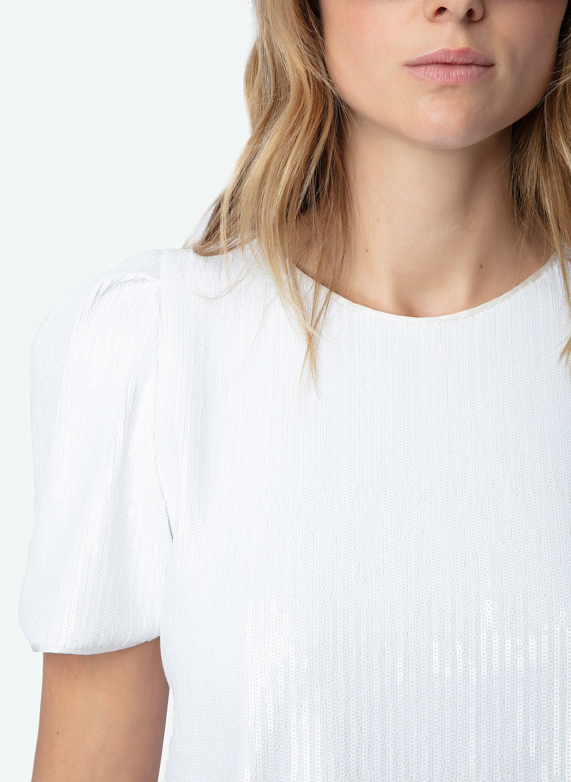 TCHAO - Top col rond à rayures sequins en coton stretch| Blanc