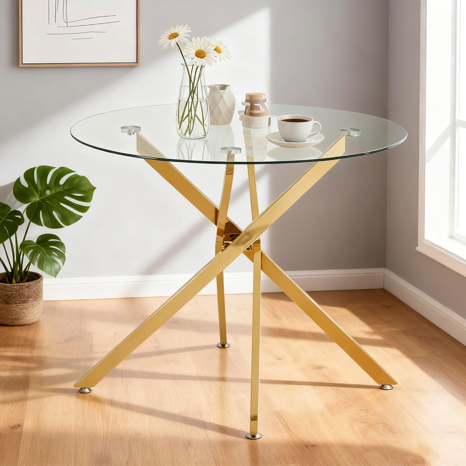 IANIYA Goldener Runder Esstisch aus Gehärtetem Glas 80 cm, Moderner Esszimmertisch für 2-4 Personen, Multifunktionaler Couchtisch & Kleiner Küchentisch, Minimalistischer Tisch für Küche & Esszimmer