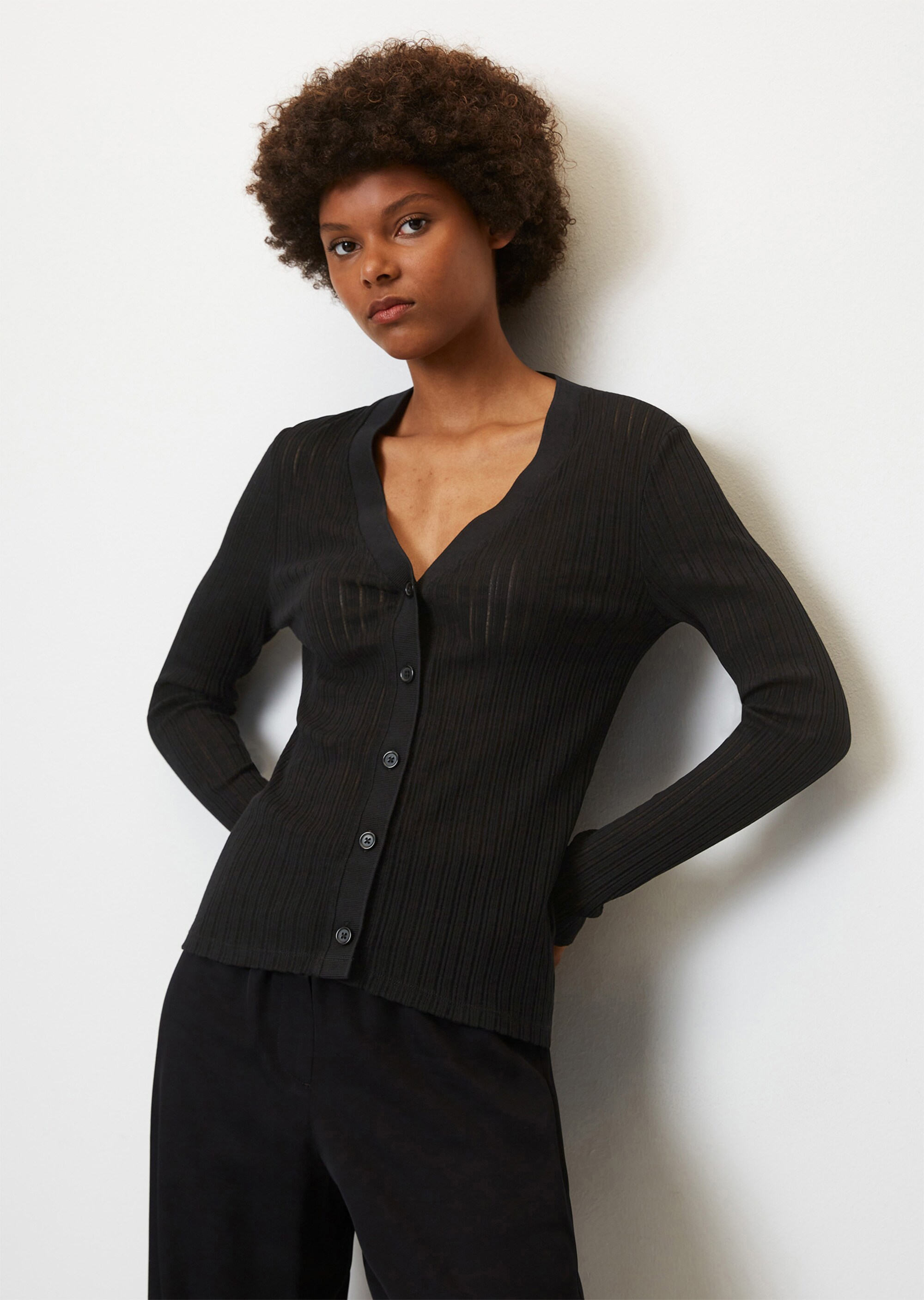Pointelle-Jersey-V-Neck-Cardigan aus reiner Bio-Baumwolle