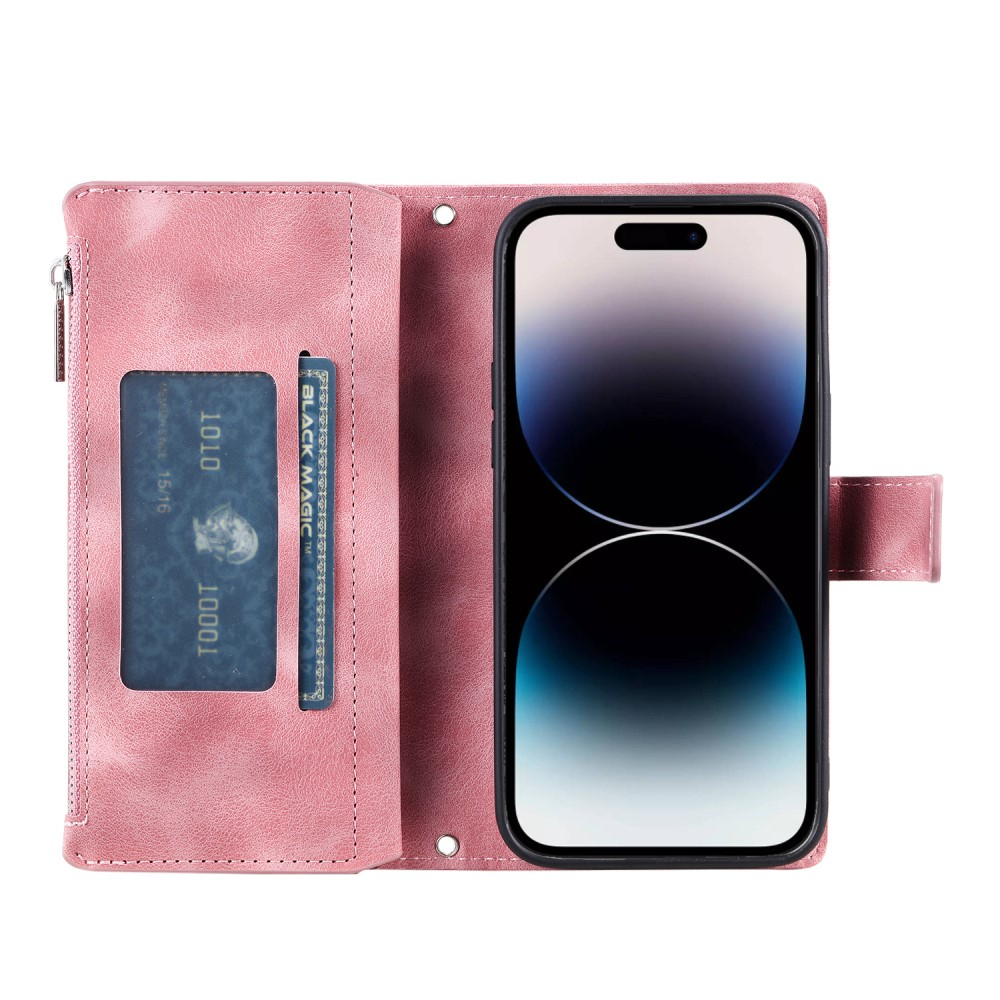 iPhone 15 Pro Leder Tasche Flip Cover mit Reissverschluss - Mandala Flowers Imprint - Rosa