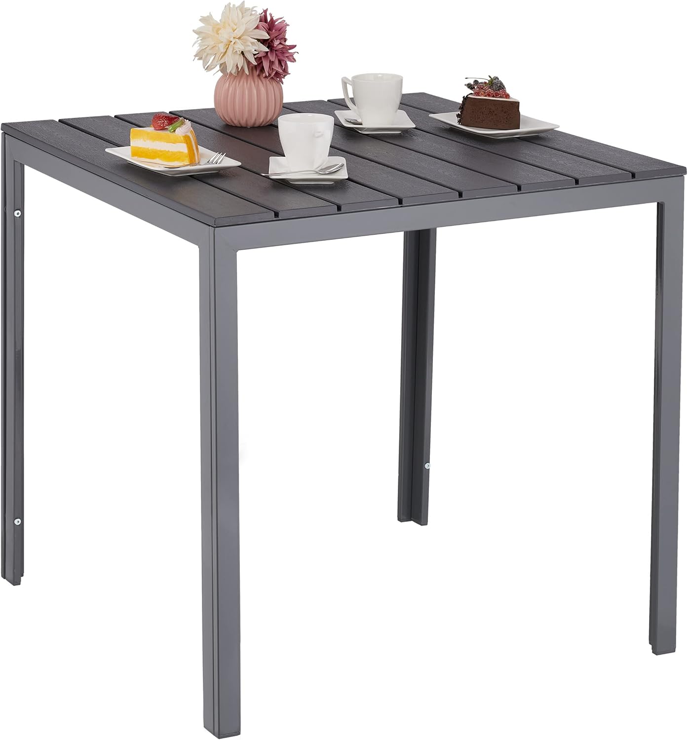 Relaxdays Gartentisch, HBT: 74 x 78 x 78 cm, Balkontisch Holzoptik, Kunststoff, Stahl, Terrassentisch quadratisch, grau