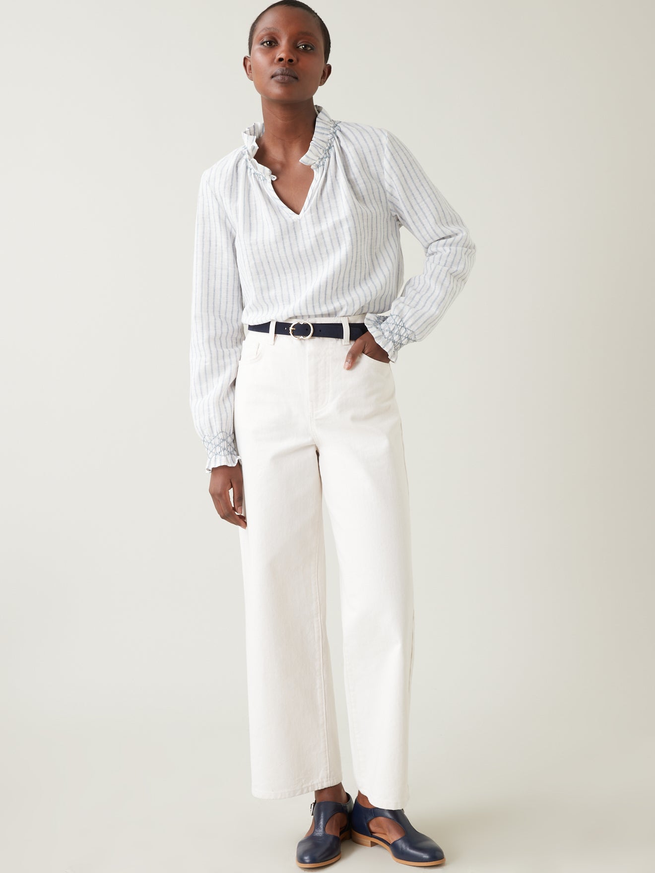 Blouse col froufrou rayures tissé-teint femme