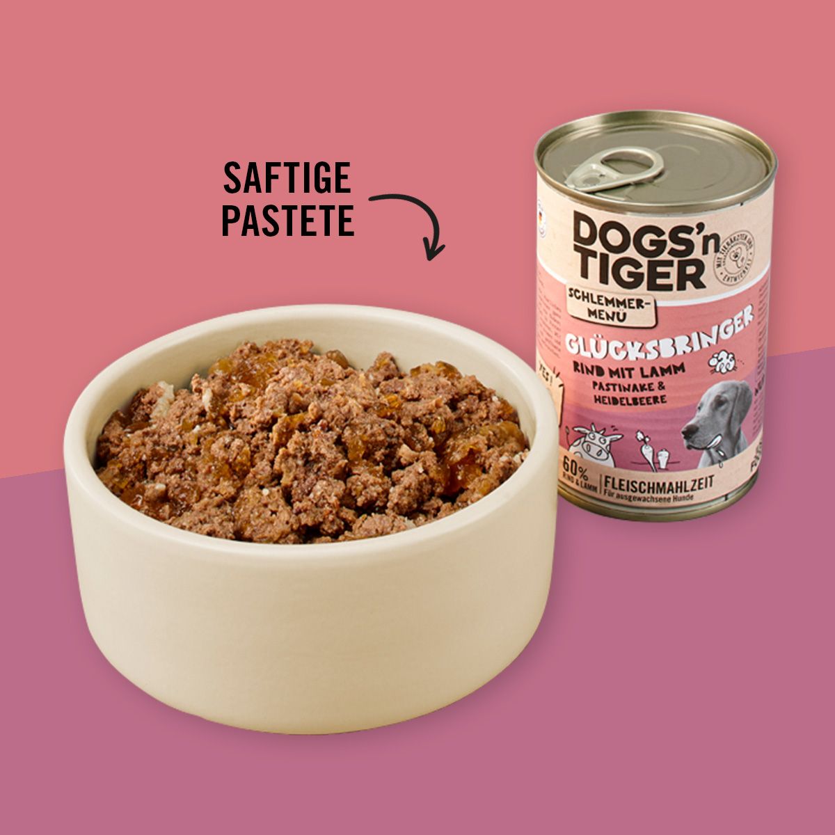 Dogs’n Tiger Adult Hundefutter, Glücksbringer, Nassfutter, Getreidefrei, Rind & Lamm