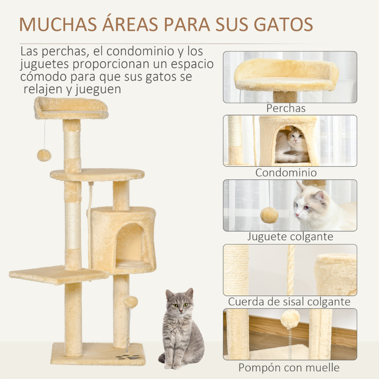 Arranhador Pawhut com plataforma, casinhas para gatos e bolas de brincar, bege para gatos.