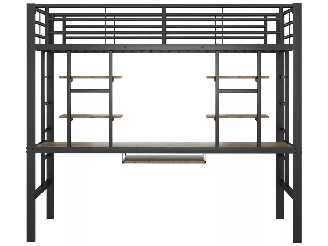 Lit mezzanine 90x200cm - avec bureau et étagères - cadre en métal - Noir